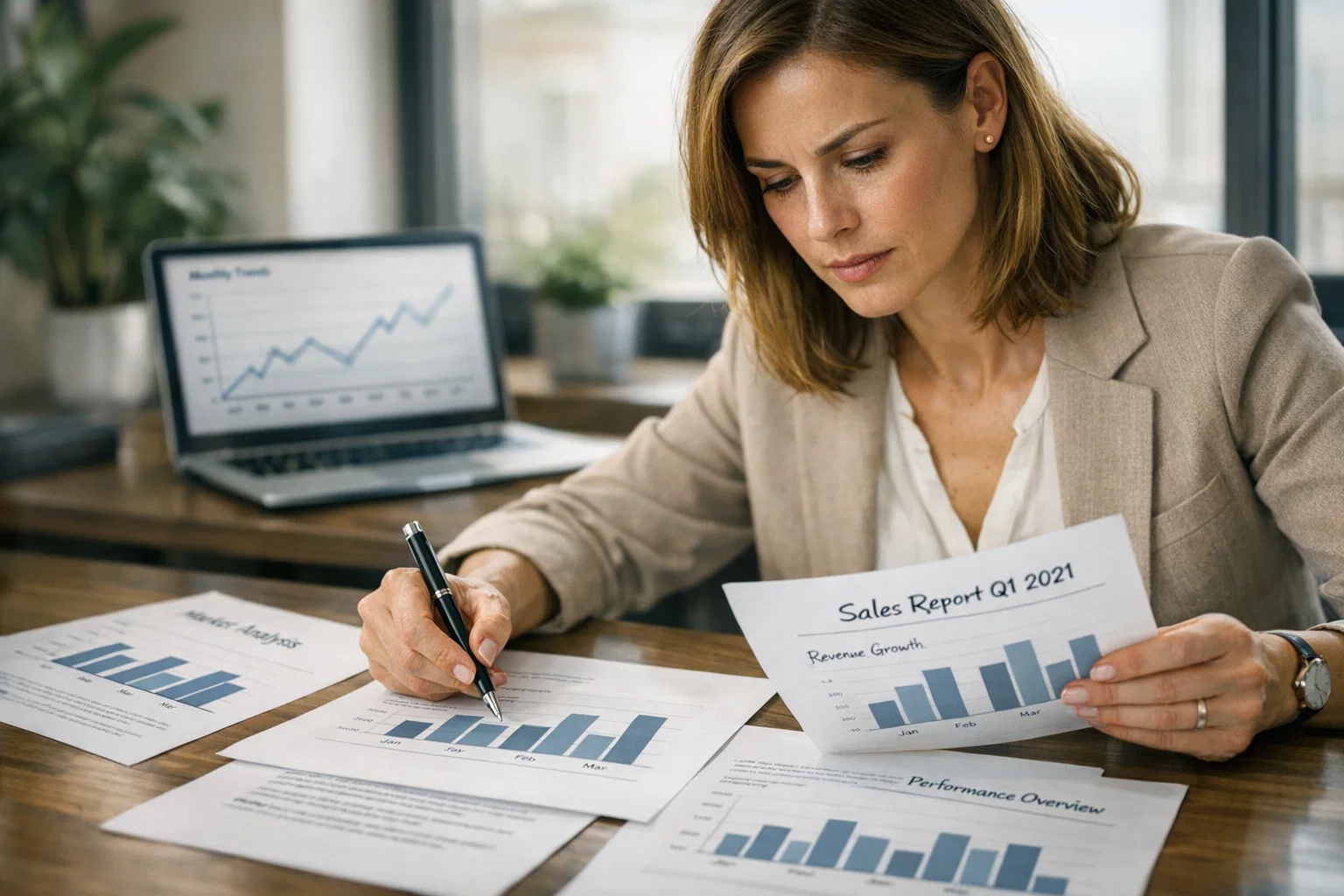 Femme professionnelle analysant des documents avec des graphiques simples représentant l'analyse fondamentale des matchs