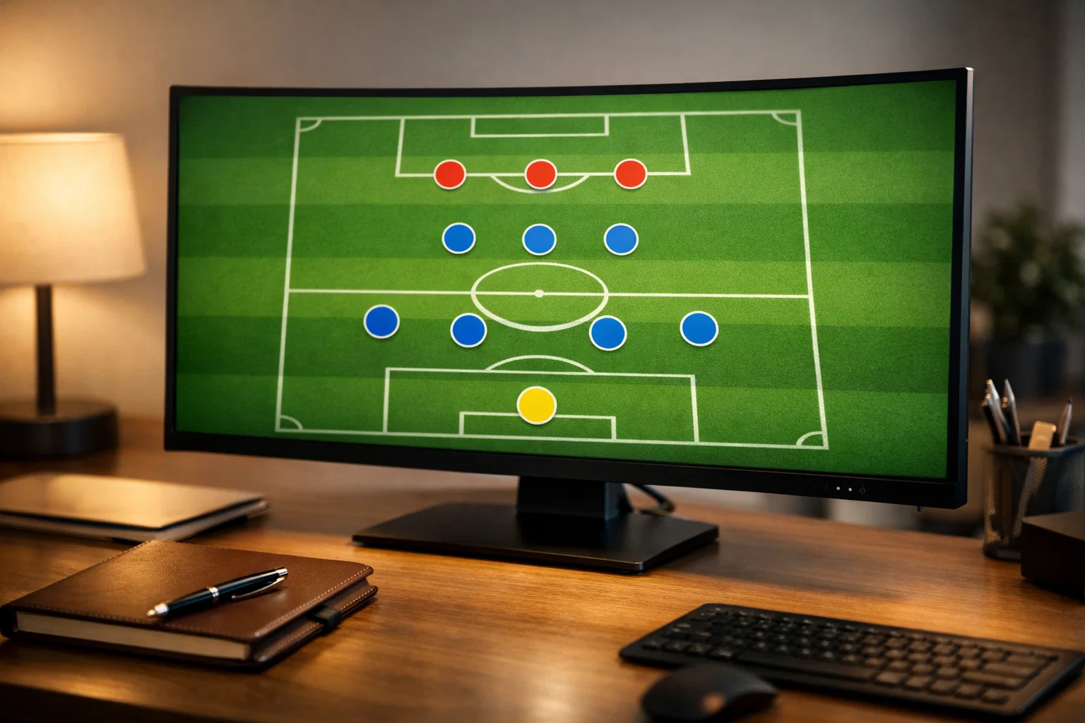 Bureau professionnel avec écran affichant un schéma tactique de football simple et un carnet de notes pour l'analyse des matchs