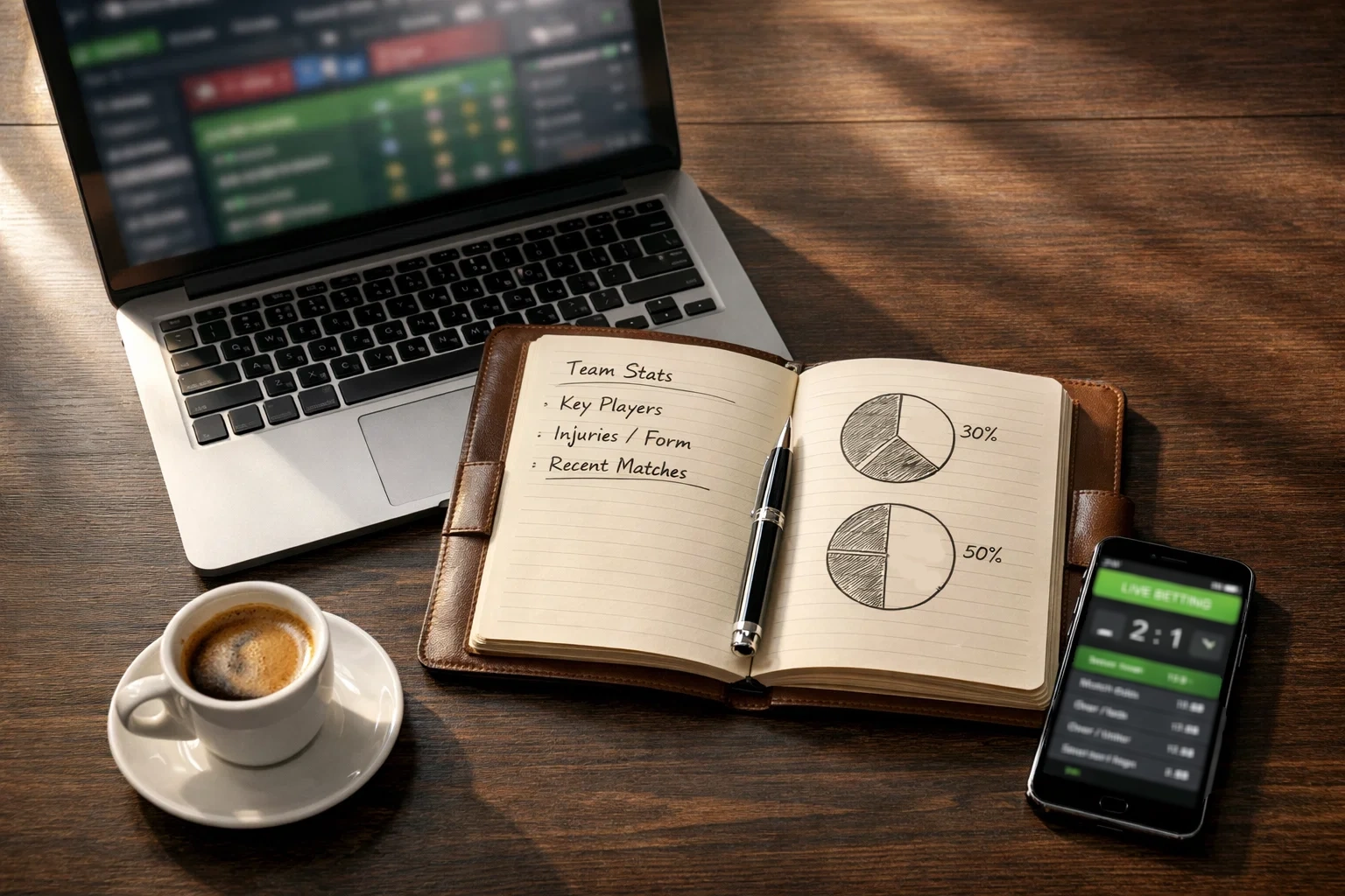 Espace de travail professionnel pour l'analyse des paris sportifs avec ordinateur portable et carnet de notes