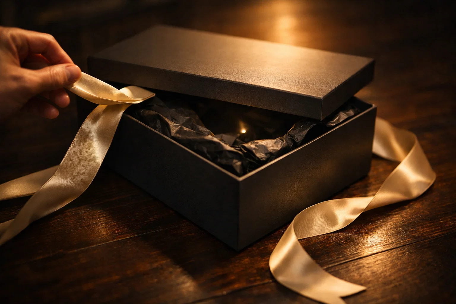 Boîte cadeau élégante en cours d'ouverture symbolisant l'évaluation nécessaire des offres promotionnelles