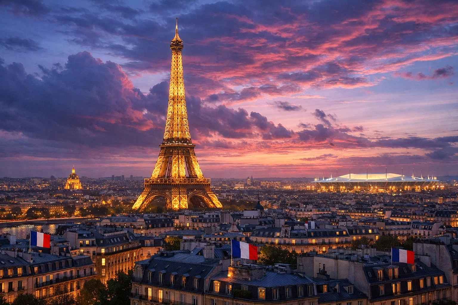 Panorama de Paris au crépuscule avec la Tour Eiffel et un stade moderne illuminé à l'horizon représentant l'ambition française en Europe