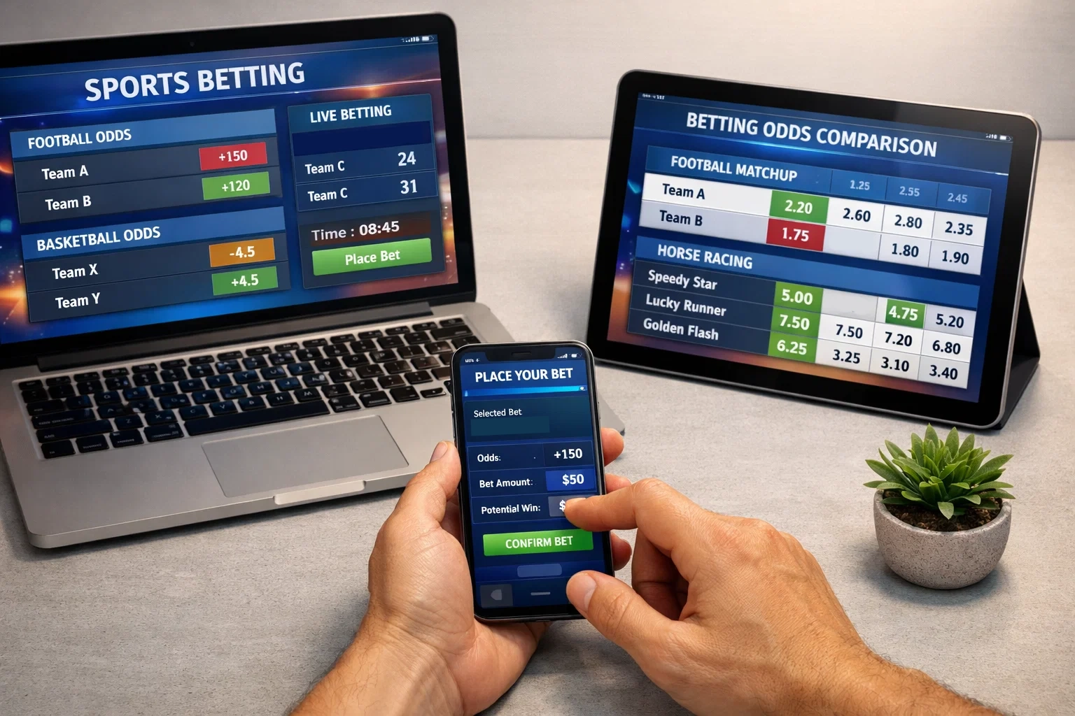 Différents appareils numériques affichant des interfaces de comparaison de bookmakers