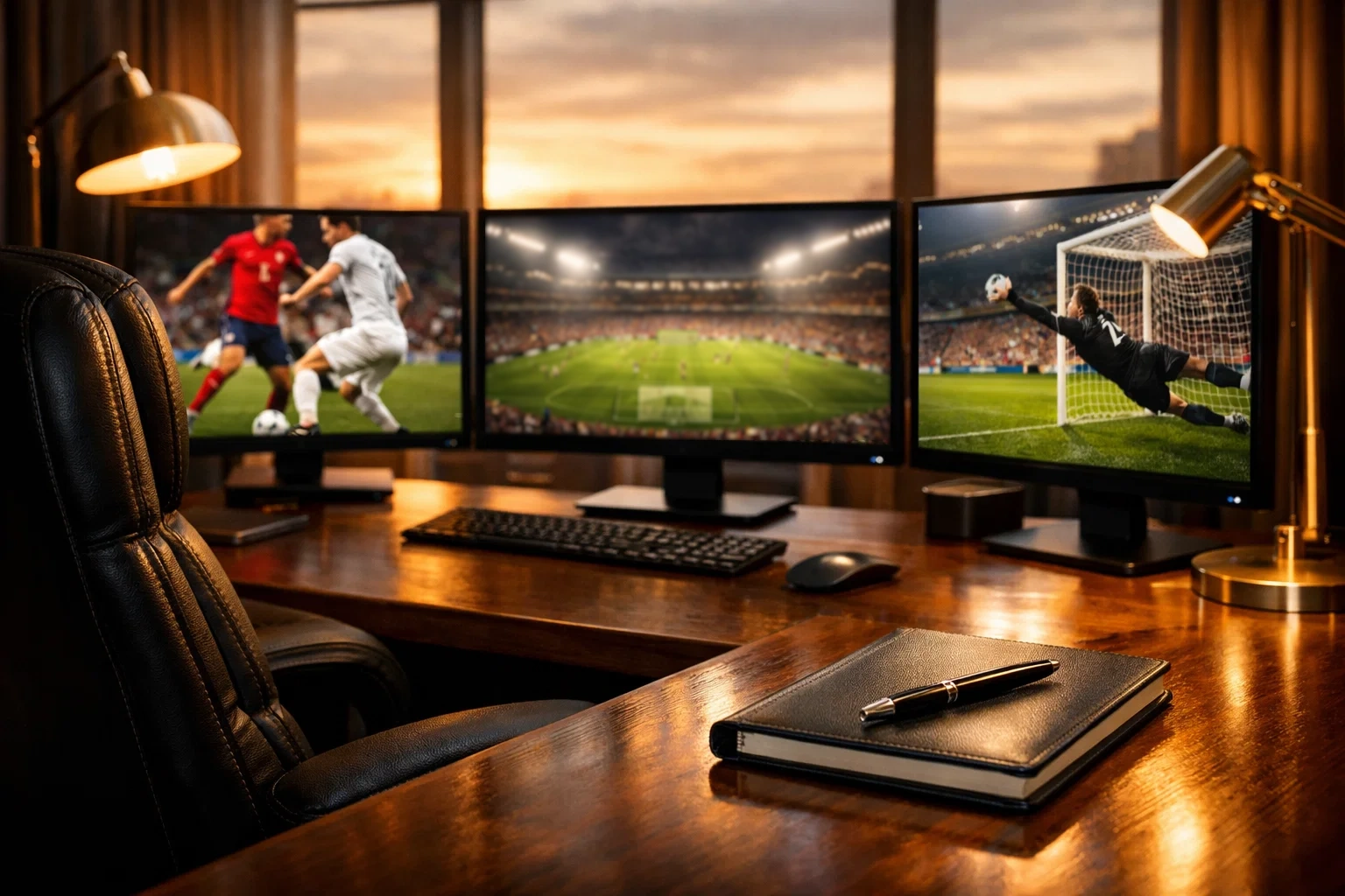 Espace de travail professionnel avec plusieurs écrans affichant du contenu sportif pour comparer les opérateurs de paris