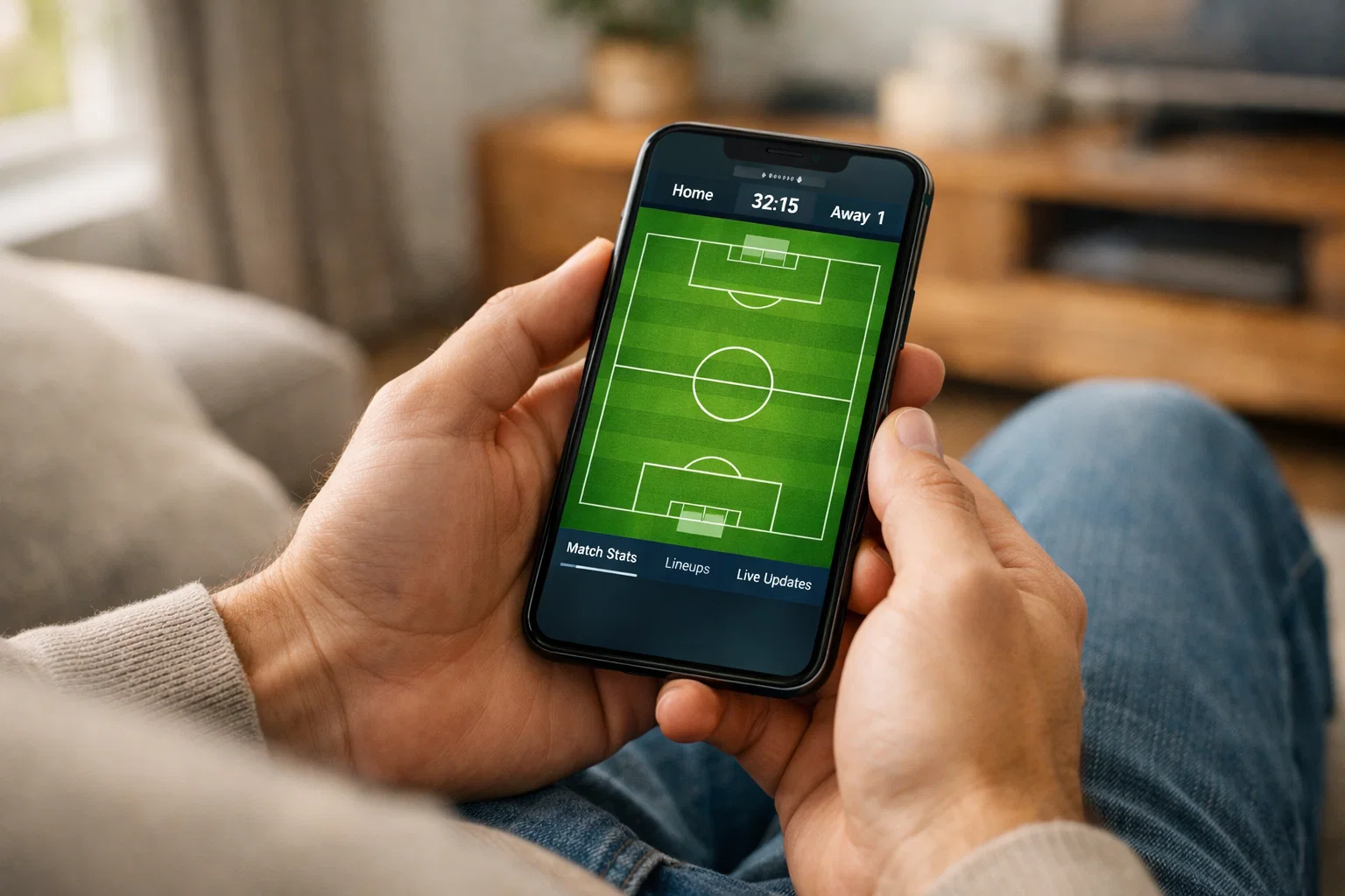 Mains tenant un smartphone avec une interface sportive intuitive dans un environnement confortable