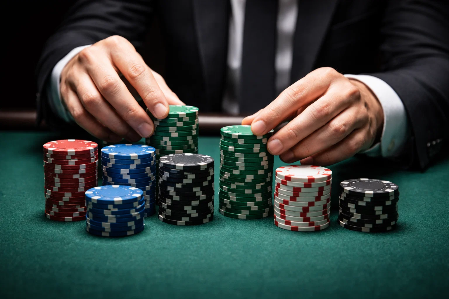 Mains arrangeant méthodiquement des jetons en piles organisées représentant la gestion disciplinée des mises