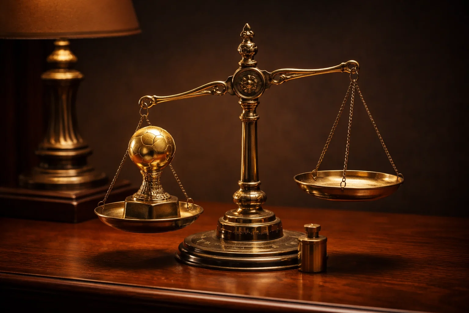Balance en laiton vintage avec un trophée de football symbolisant le concept d'équilibrage des cotes par le handicap