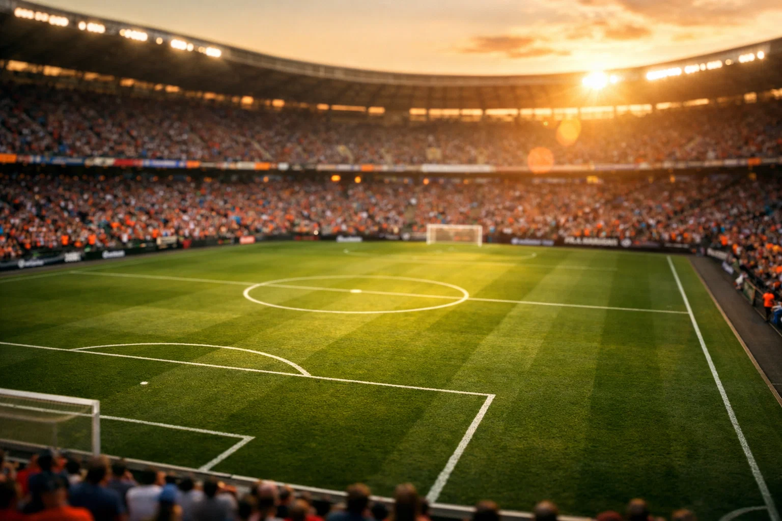 Stade de football au coucher du soleil avec supporters passionnés - guide des paris sportifs