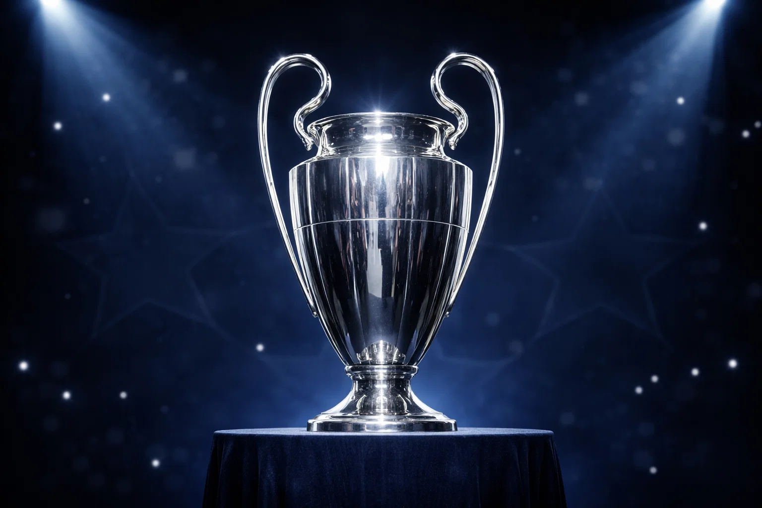 Trophée de la Ligue des Champions sous un éclairage dramatique représentant le prestige du football européen