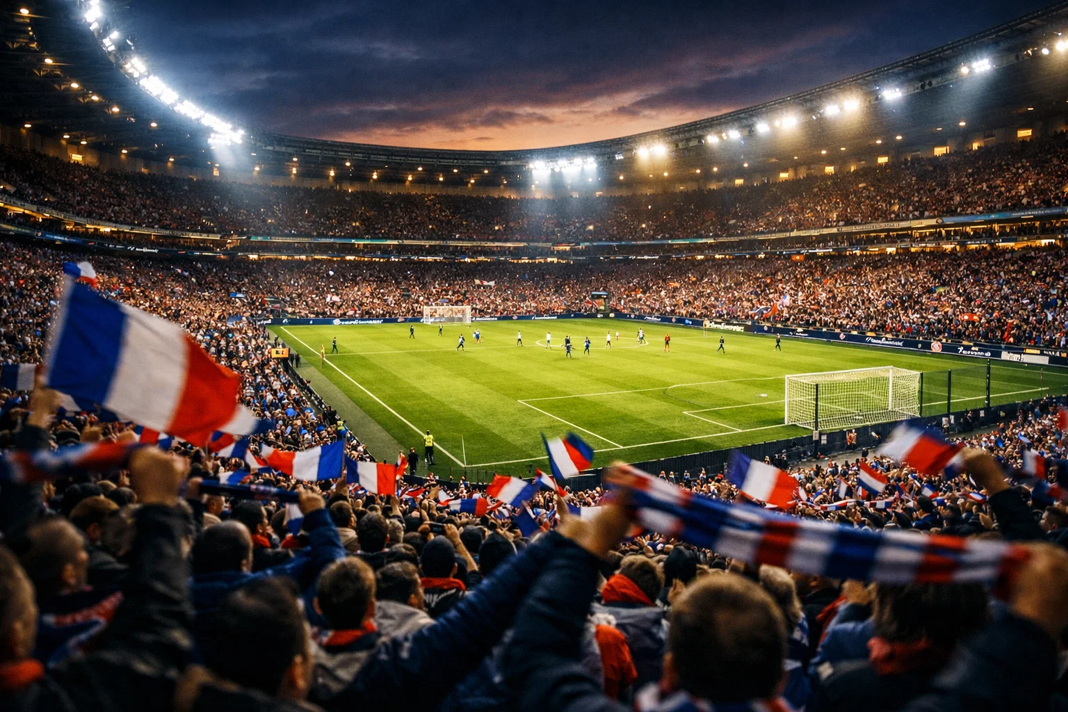 Stade de football français rempli de supporters lors d'un match de Ligue 1 en soirée avec une ambiance électrique