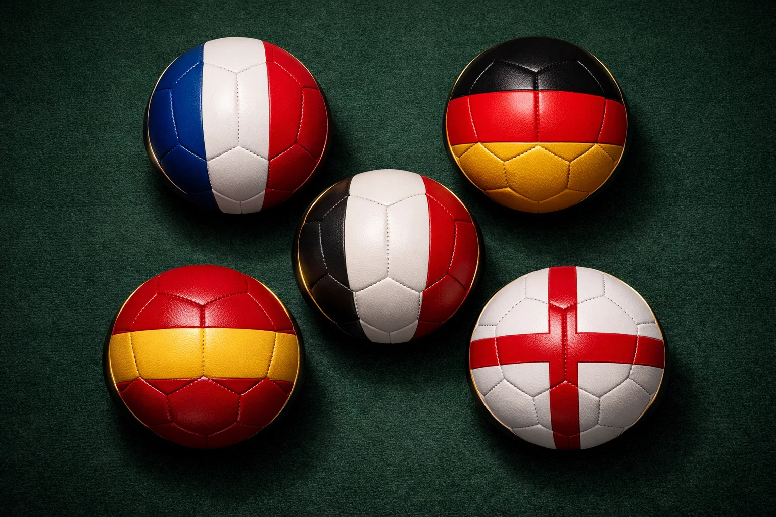Ballons de football représentant les différentes ligues européennes - Ligue 1, Premier League, La Liga, Serie A, Bundesliga