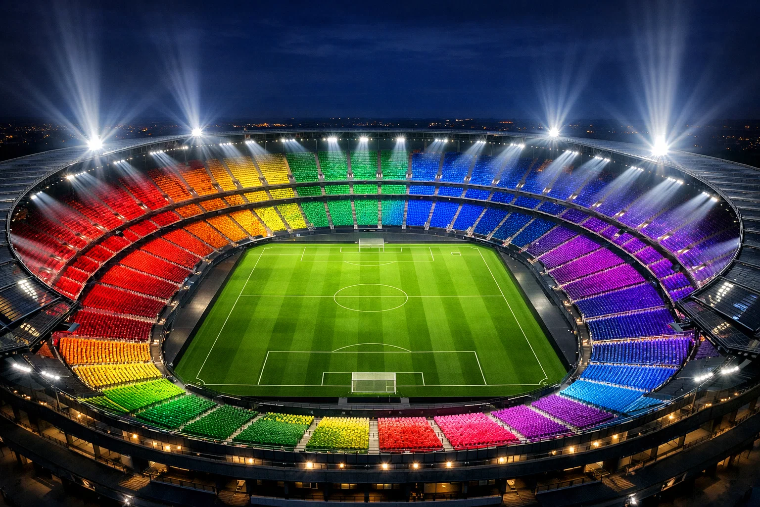 Stade moderne illuminé avec tribunes multicolores représentant le nouveau format à 36 équipes de la Ligue des Champions