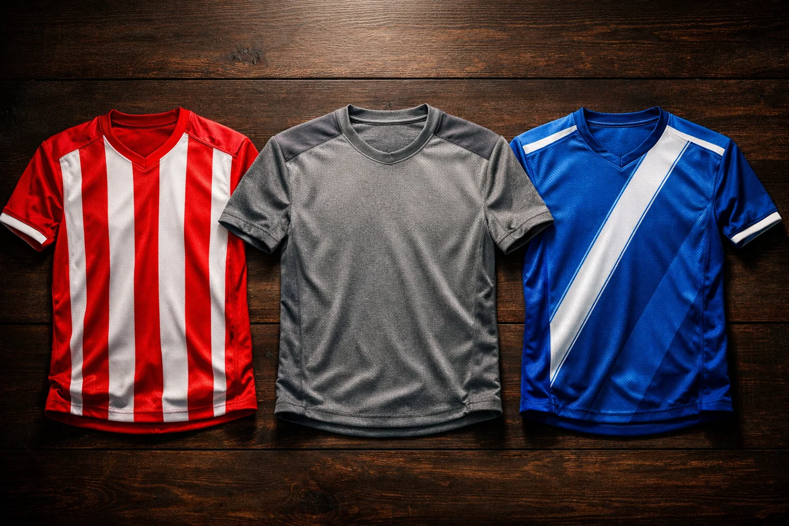 Trois maillots de football représentant les trois résultats possibles du pari 1N2 : victoire domicile, nul et victoire extérieur