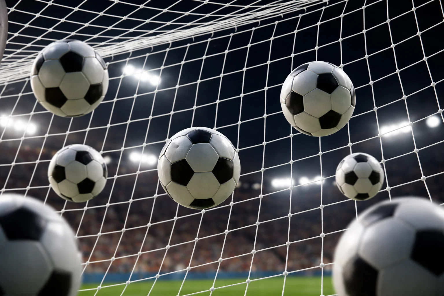 Filet de but de football avec plusieurs ballons illustrant le concept des paris sur les buts et le nombre de réalisations