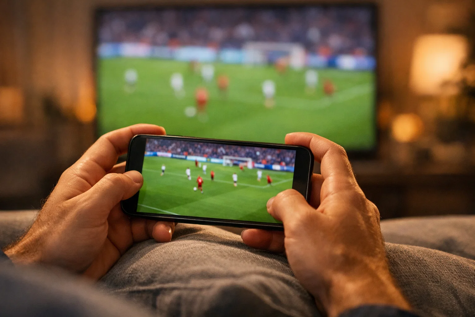Mains tenant un smartphone affichant un match de football en direct avec une télévision en arrière-plan