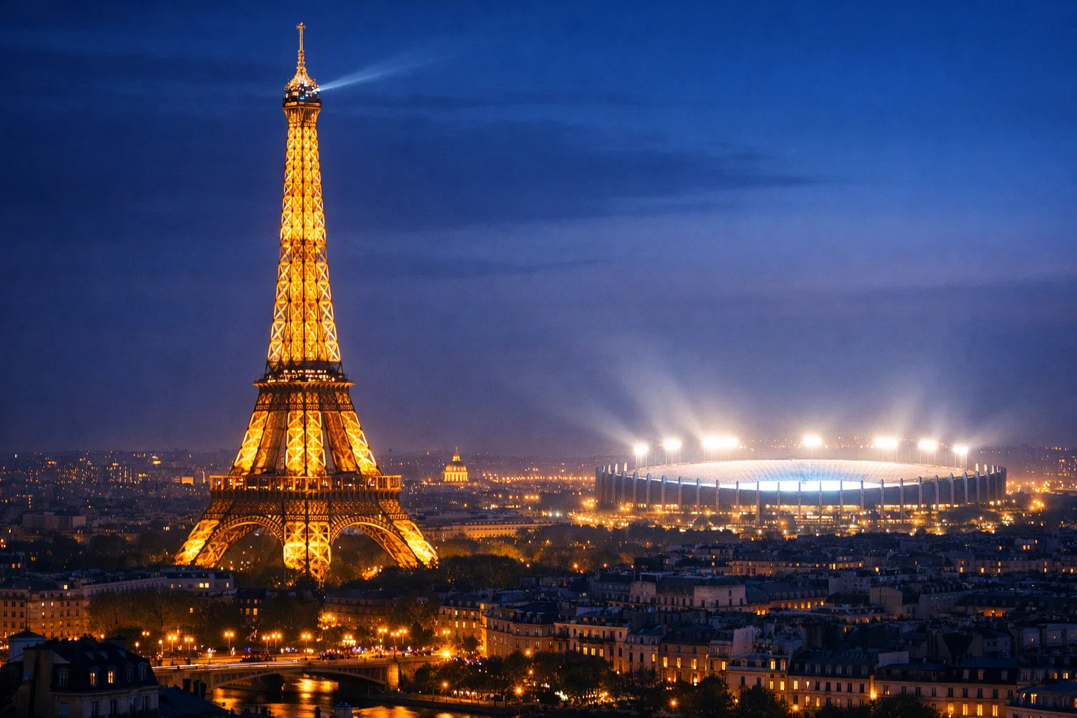 Tour Eiffel illuminée la nuit avec un grand stade de football moderne en arrière-plan représentant la domination parisienne