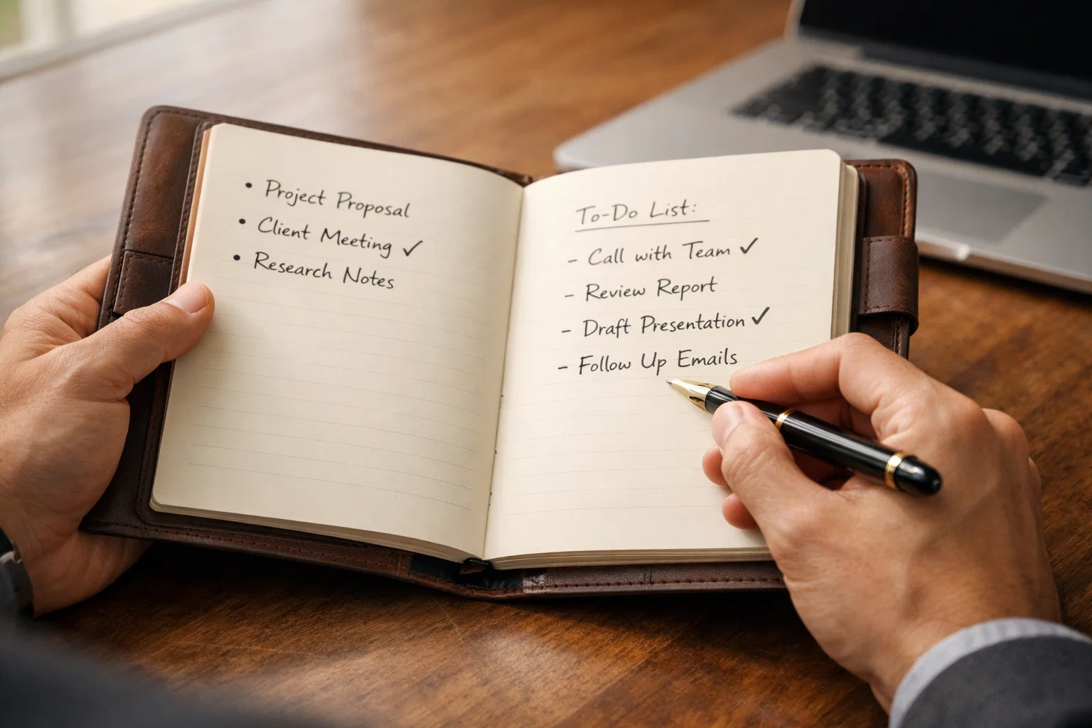 Mains tenant un carnet de planification ouvert avec un stylo sur un bureau en bois représentant l'organisation méthodique