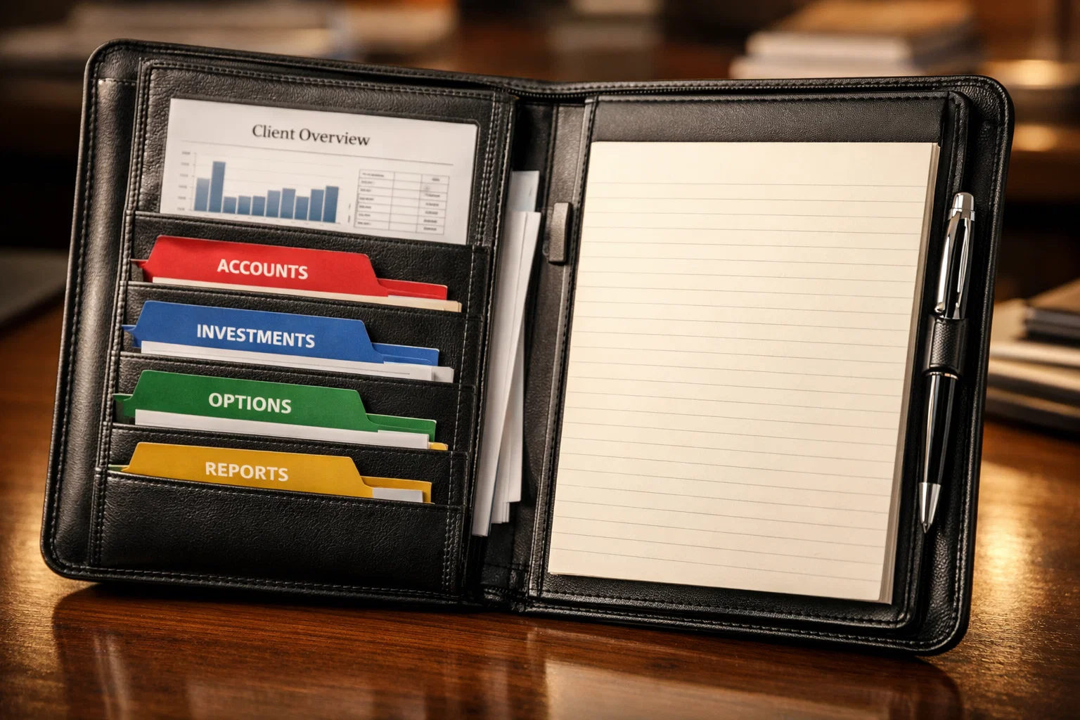 Portfolio en cuir professionnel ouvert avec sections organisées représentant la gestion méthodique de plusieurs comptes
