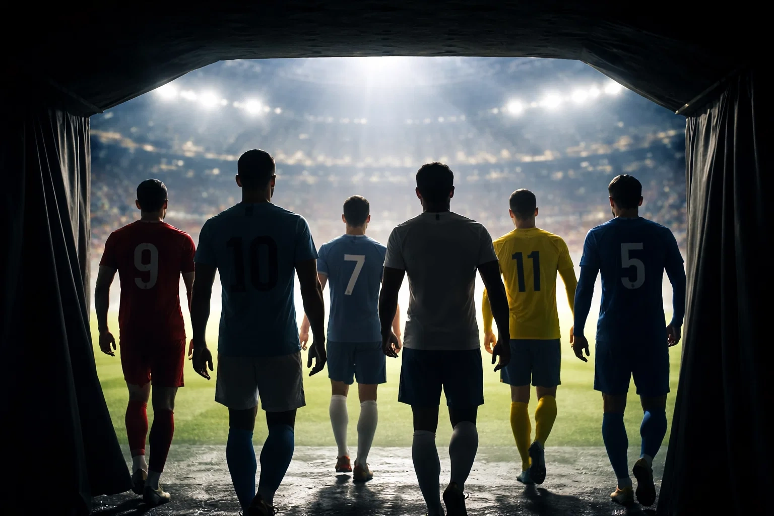Silhouettes de joueurs de football d'élite marchant vers le terrain à travers un tunnel de stade