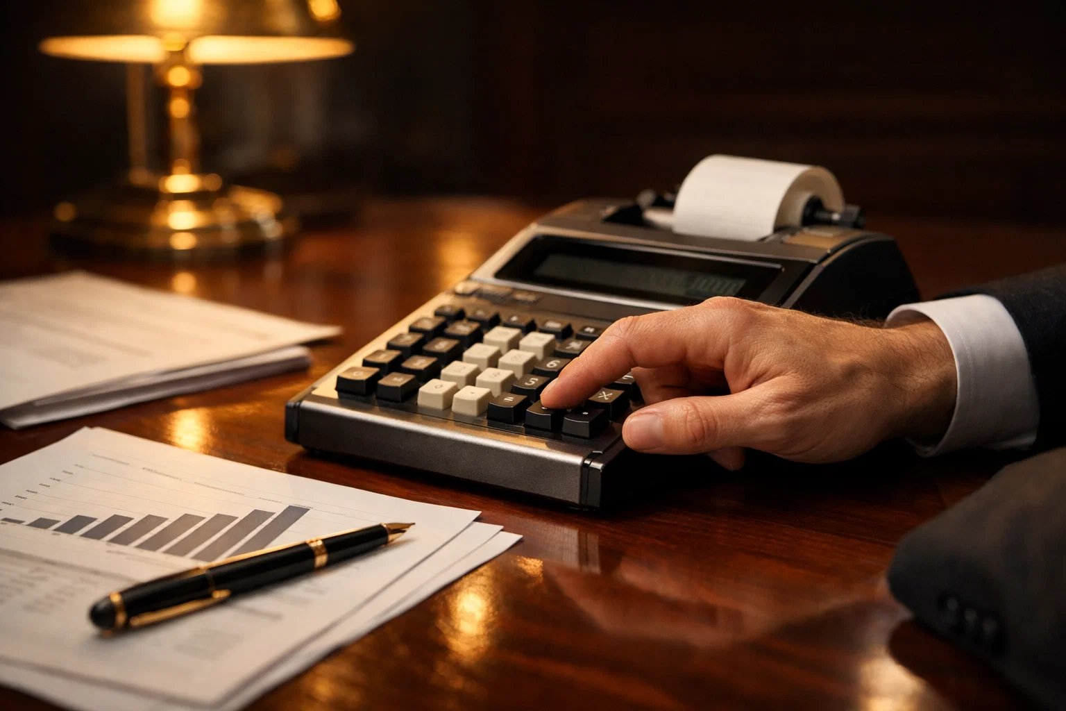 Mains professionnelles utilisant une calculatrice sur un bureau en acajou représentant l'analyse de la rentabilité des cotes
