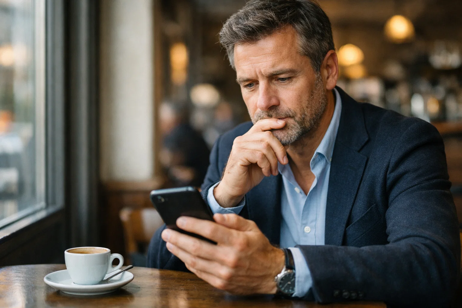 Homme réfléchi regardant son téléphone affichant un match de football dans un café représentant une approche prudente des paris