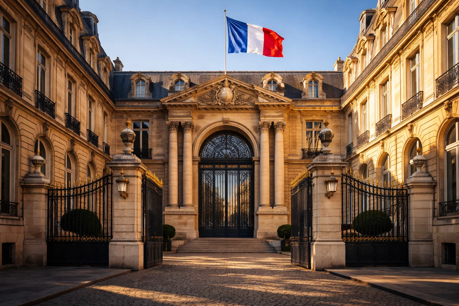 Bâtiment officiel français avec drapeau tricolore représentant la régulation et la sécurité des opérateurs agréés