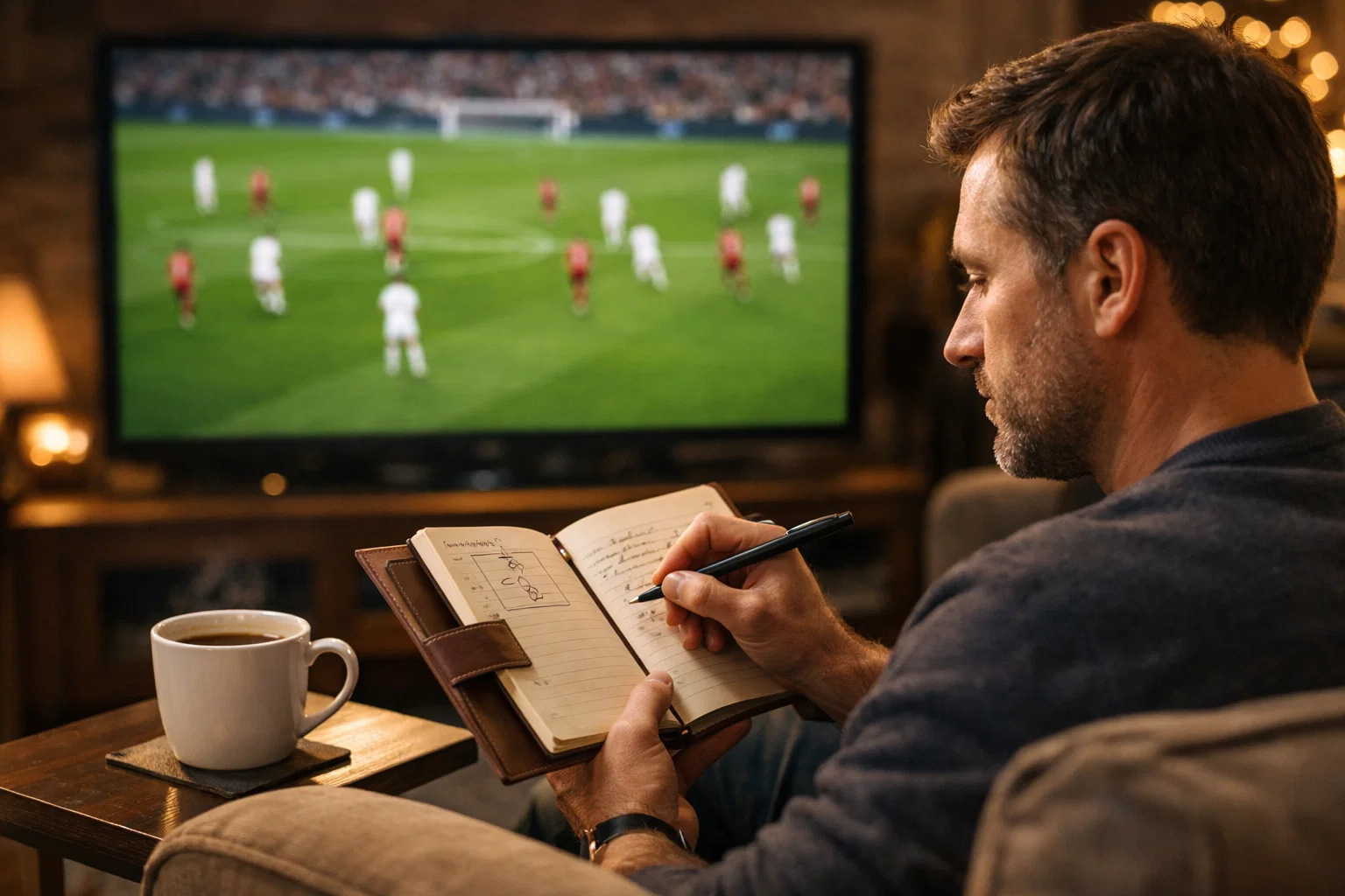 Personne regardant un match de football à la télévision tout en prenant des notes dans un carnet représentant la spécialisation