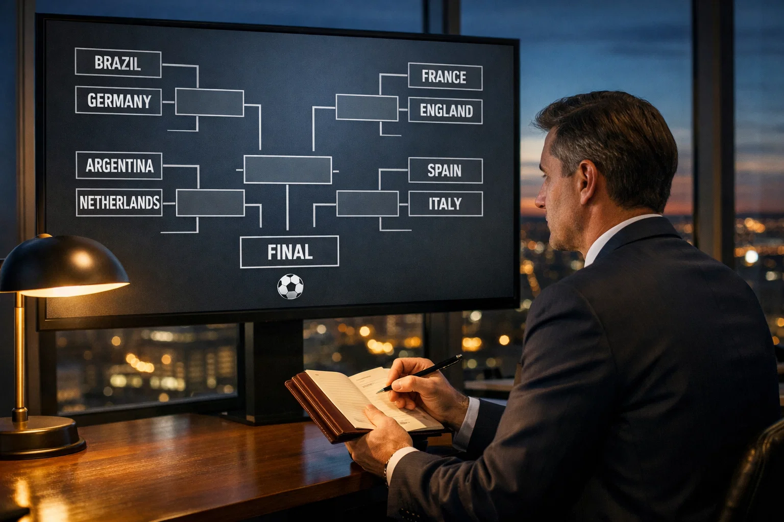 Professionnel analysant un tableau de tournoi de football simplifié sur un grand écran dans un bureau moderne
