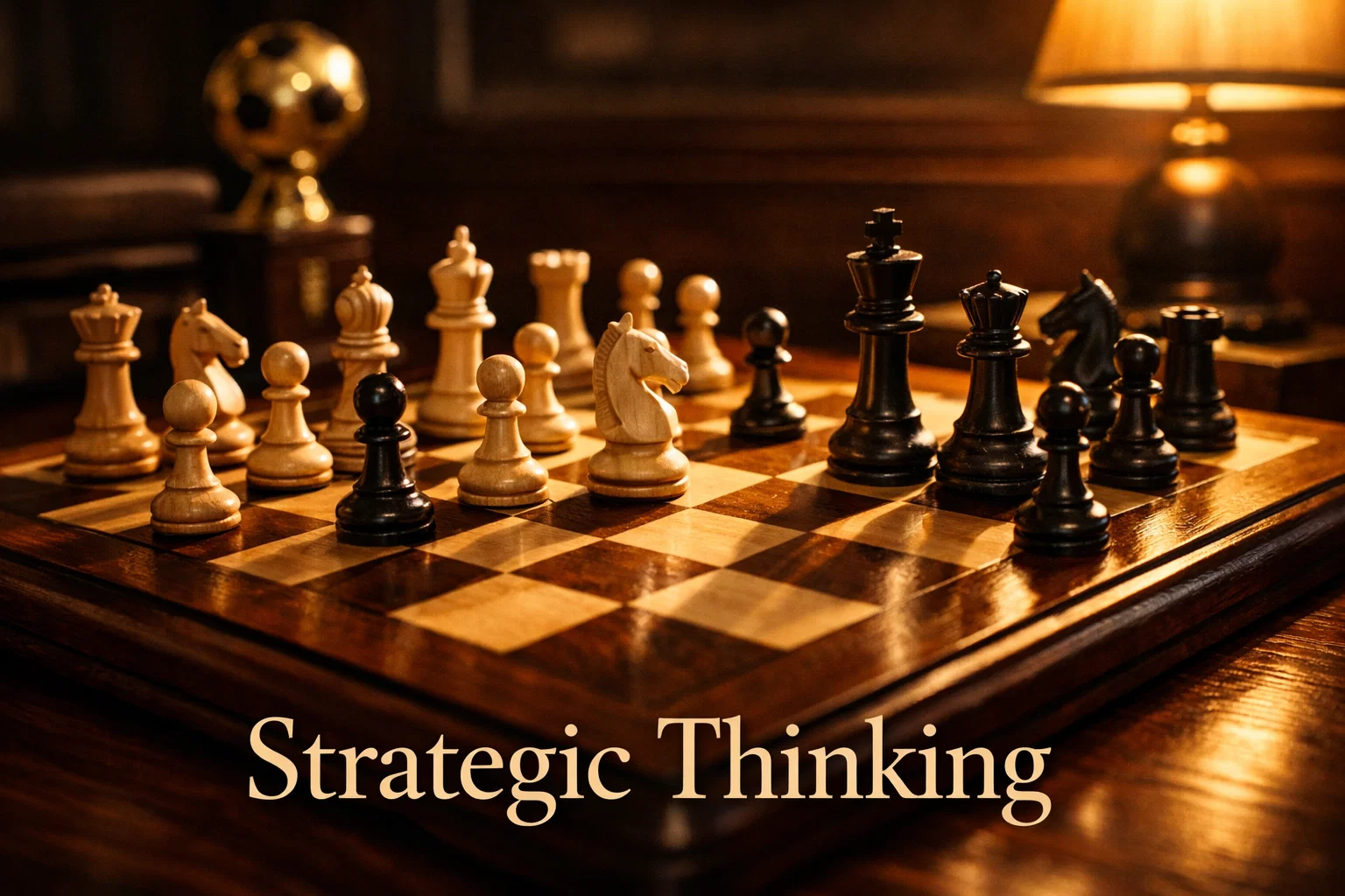 Échiquier professionnel avec pièces en bois sur un bureau élégant symbolisant la réflexion stratégique dans les paris sportifs