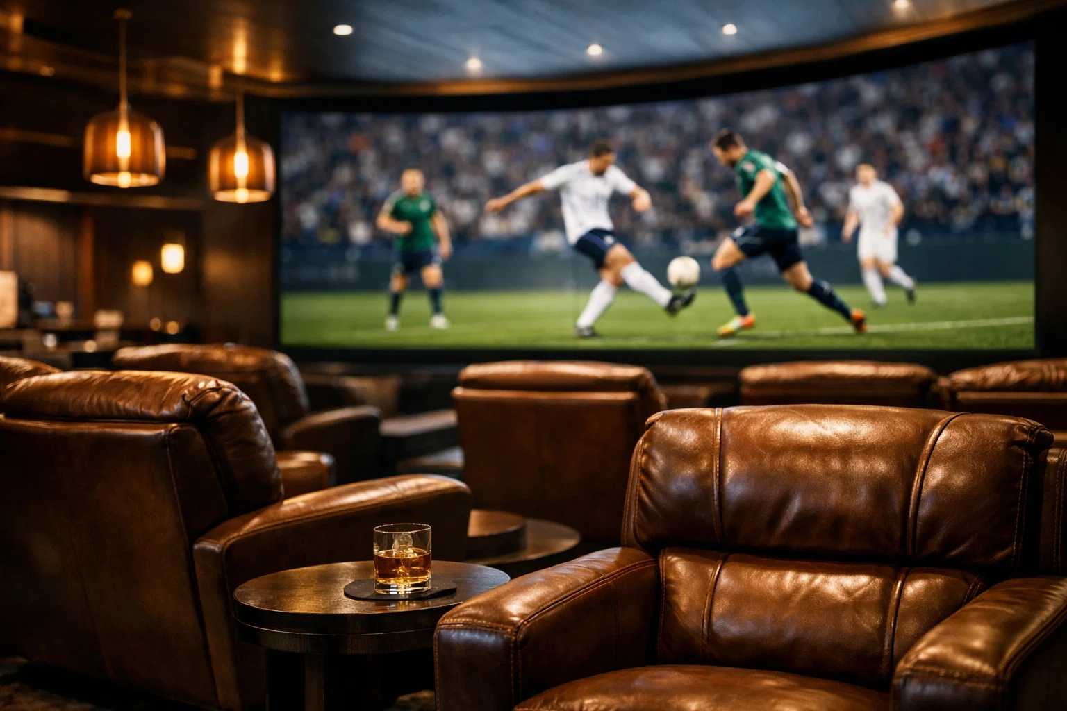 Salon premium de paris sportifs avec écran géant diffusant un match de football et fauteuils en cuir confortables