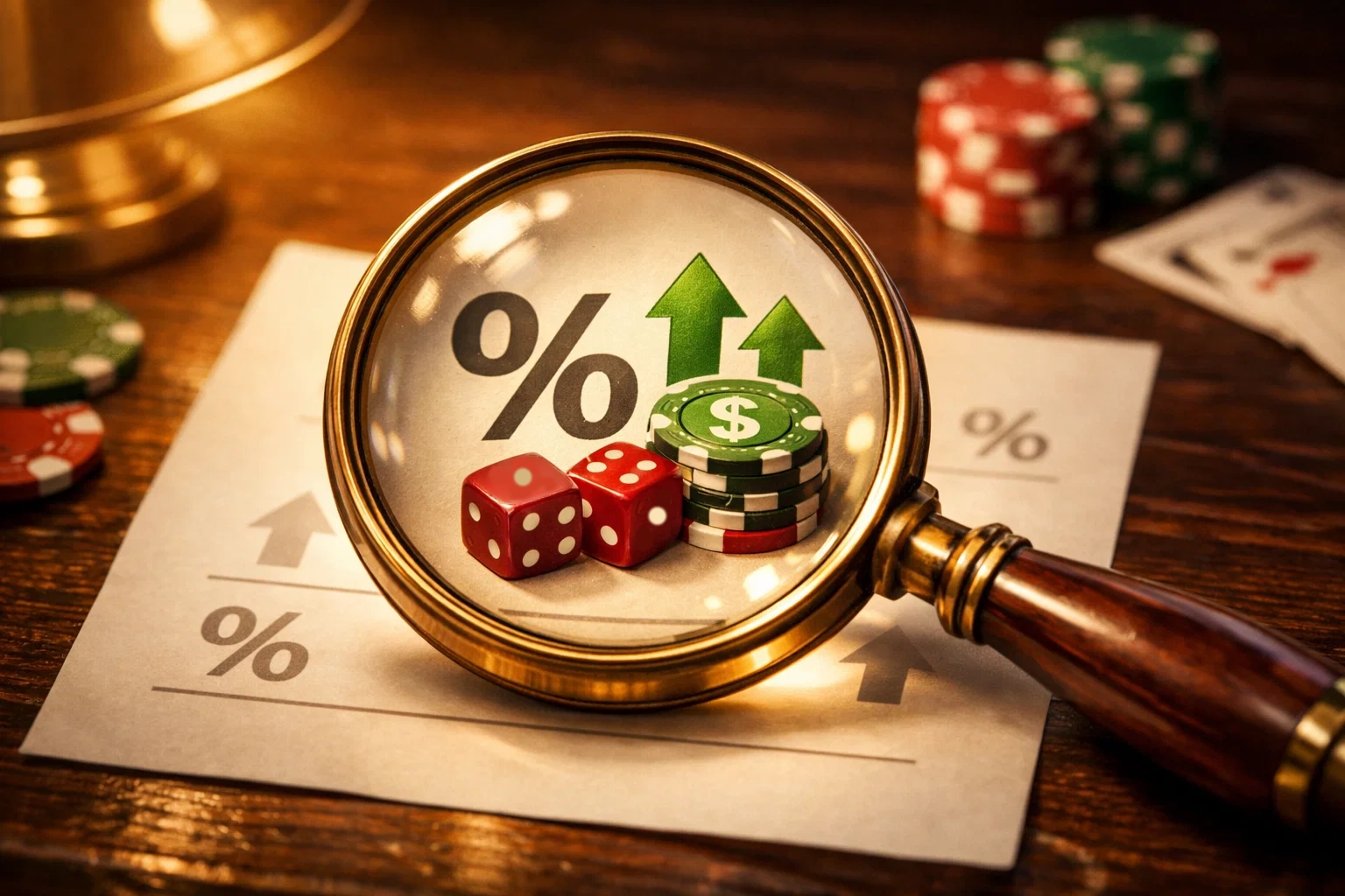 Loupe vintage au-dessus d'un document avec symboles de pourcentage symbolisant la recherche d'opportunités value bet